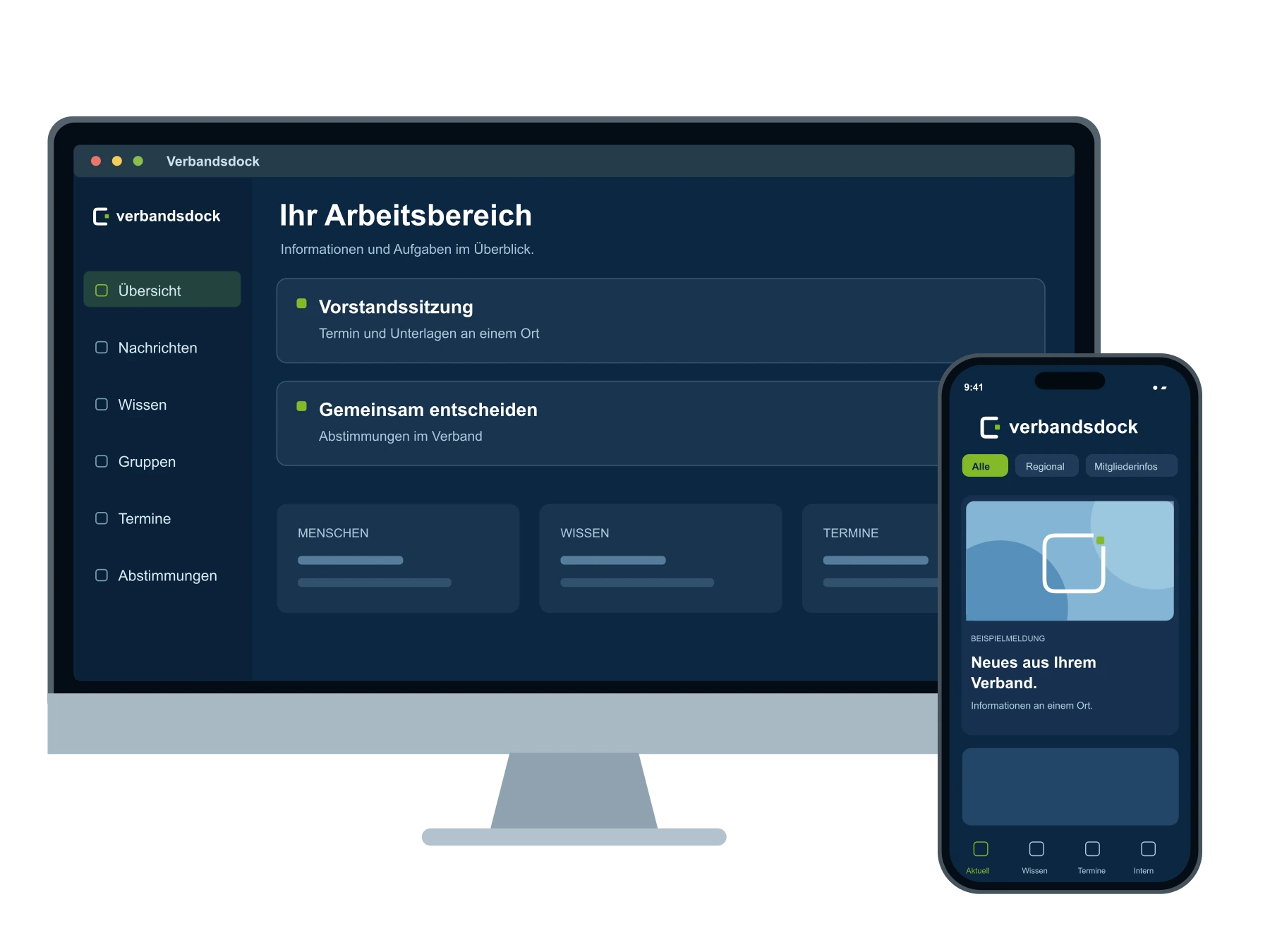Generische Verbandsdock-Beispielansichten auf Computer und Smartphone