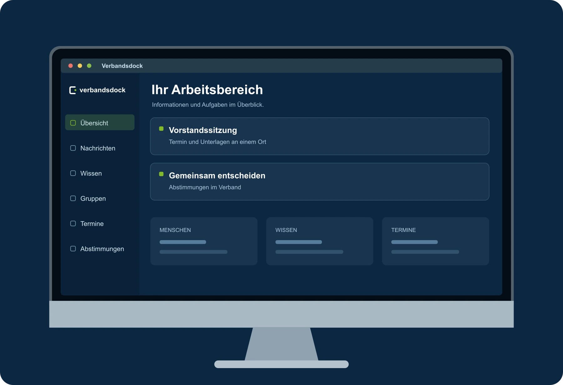 Generischer Verbandsdock-Arbeitsbereich mit Gruppen, Terminen und Abstimmungen